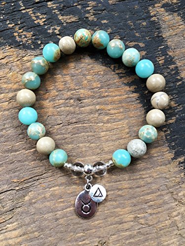 Taurus the Bull Zodiac and Earth Element Charms with Natural Gemstone Reiki Stretch Bracelet