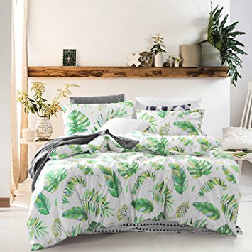 Tree Leaves Duvet Cover Set, 100% Cotton Bedding, Green Monstera Plant and Banana Leaves Pattern Printed on White, with Zipper Closure (3pcs, Queen Size)