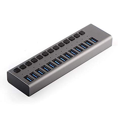USB 3.0 Hub Super Speed Splitter,12  1 Ports USB Data Hub with Power Adapter,Individual On/Off Switches and Lights for Laptop, PC, Computer, Mobile HDD (13 Ports Grey)