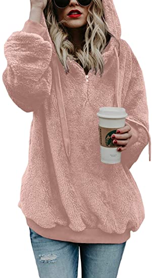 Dokotoo Womens Fuzzy Casual Loose Sweatshirt Hooded with Pockets Outwear S-XXL