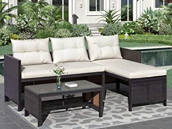 Merax 3-Piece Outdoor Rattan Furniture Set, Patio Sectional Sofa Set with Two-Seater Sofa, Lounge Sofa, Coffee Table and Beige Cushions