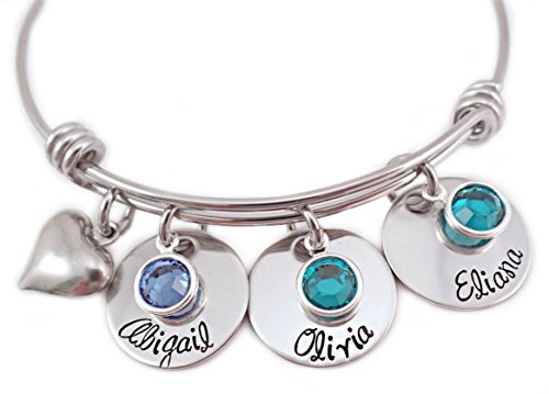 Heart Charm Name And Birthstone Bangle Bracelet - Hand Stamped Jewelry