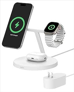 Belkin MagSafe-Compatible Charger, 3-in-1 Wireless Charging Station, Qi2-Certified 15W Wireless Charger for Apple iPhone 16 Series, Apple Watch, AirPods w/Non-Slip Base, 40W Charger Included - White