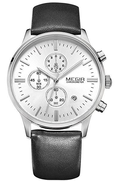 Voeons Men's Casual Wrist Watch Silver White Chronograph Leather Black
