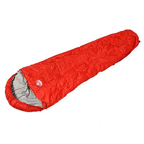 California Basics 3-4 Season 400GSM Mummy Sleeping Bag with Water-Resistant Shell, Drawstring Hood and Draft Collar for Camping, Hiking, and Outdoors, Compression Bag Included, Red/Grey