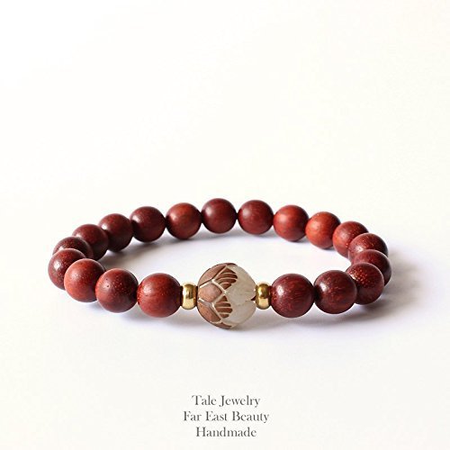 TALE Natural Red Wood Beads Bracelet with White Bodhi Seed Carved Lotus Flower Unique Jewelry for Women