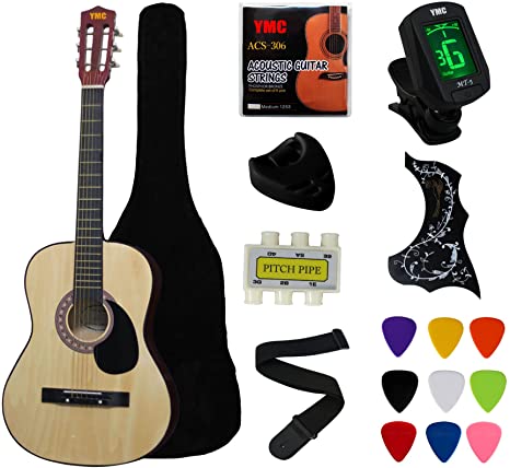 YMC 38" Cutaway Natural Beginner Acoustic Guitar Starter Package Student Guitar with Gig Bag,Strap, 3 thickness 9 picks,2 Pickguards,Pick Holder, Extra Strings, Electronic Tuner -Natural Cutaway