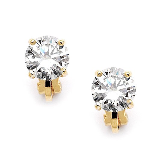 Mariell 14KT Gold-Plated 2 Carat CZ Clip-On Earrings - 8mm Round-Cut Solitaire Cubic Zirconia Studs