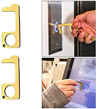 YAMY 2 PCS Hygienic Brass Door Opener Closer, No-Touch Elevator Press Stick Button Pusher Tool, Reusable Public Drawer Handle Gadgets, EDC Door Opener, Safety & Health, Easy To Carry (Gold)