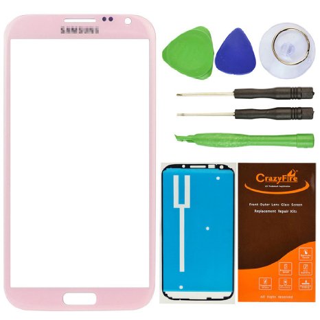 CrazyFire Light Pink New Front Outer Glass Lens Screen Replacement For Samsung Galaxy Note II Note2 N7100 I317 L900 T889 I605 R950Adhesive TapeTools Kit