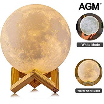 AGM Moon Lamp, 3D Moon Light Printed Technology USB Rechargeable Indoor Specialty Decor Moon Lights Touch Control for Gift/Thanksgiving/Christmas/Anniversary[Diameter 5.91 inch/2 Colors]