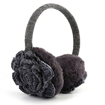 Y&H Women Girls Winter Warm Crocheted Knitted Flower Faux Fur Plush Earmuffs