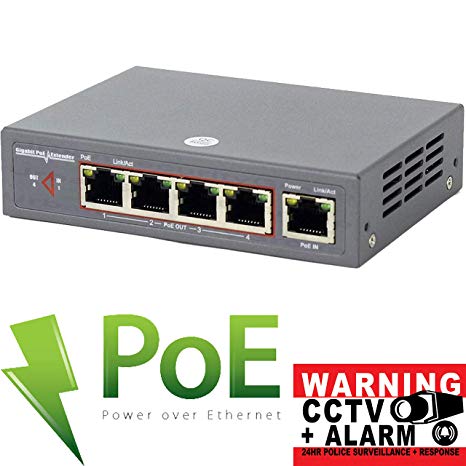 Urban Security Group Industrial Grade Gigabit PoE Extender, Repeater, 1-to-4 Splitter : Signal Booster : Four Power Over Ethernet Outputs : Extend Signal Up to 330ft : IEEE 802.3af/at/bt Up to 60W