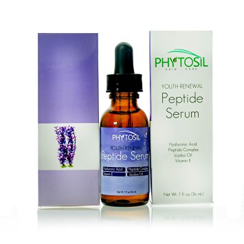 BEST Peptide Face Serum. Contains 14 Peptides, Hyaluronic Acid, Jojoba Oil, Arginine - Firms Skin, Diminishes Wrinkles, Builds Collagen, Smooths Creases, Refines Skin Texture - Phytosil - 1 OZ