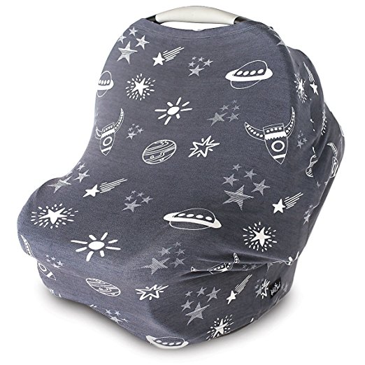 Nursing Cover, Car Seat Canopy, Shopping Cart, High Chair, Stroller and Carseat Covers for Boys or Girls- Best Stretchy Infinity Scarf and Shawl- Multi Use Breastfeeding Cover- Rockets