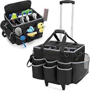 Large Cleaning Caddy with Detachable Trolley & Shoulder Strap, Cleaning Supplies Bag with Handles & Support Plates, Cleaning Product Rolling Organizer for Car Wash and Housekeeping