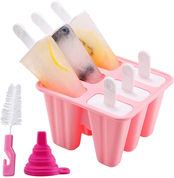 Popsicle Molds, 6 Pieces Silicone Ice Pop Molds BPA Free Popsicle Mold Reusable Easy Release Ice Pop Maker with Silicone Funnel and Cleaning Brush (Pink)