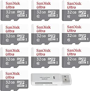 SanDisk 32GB Ultra (10 Pack) MicroSD Class 10 100MB/s Micro SDHC Memory Card for Smartphone SDSQUNR-032G Bundle with (1) GoRAM Reader (32GB, 10 Pack)