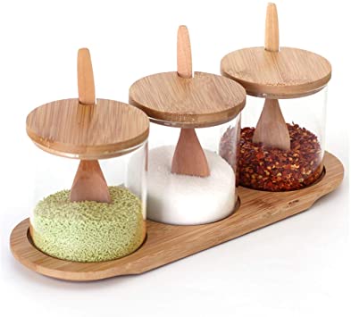 Freehawk Condiment Container Seasoning Box Set Salt Sugar Spice Pepper Condiment Container Kitchen Cruet Seasoning Pots with Bamboo Wooden Spoon Lid and Base, Set of 3 (Round Shape 300ml)