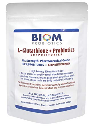 Biom Probiotics High Potency 500mg L-Glutathione Suppositories with Added Probiotics – Reduced Glutathione Anti-oxidants for Liver Health and Detox- Non-GMO, Gluten Free and Vegan(30)