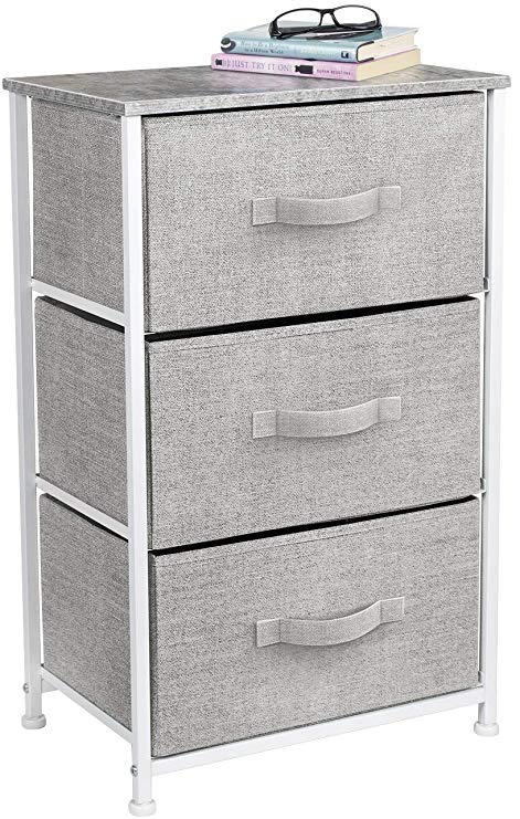 Sorbus Nightstand with 3 Drawers - Bedside Furniture & Accent End Table Storage Tower for Home, Bedroom Accessories, Office, College Dorm, Steel Frame, Wood Top, Easy Pull Fabric Bins (Gray)