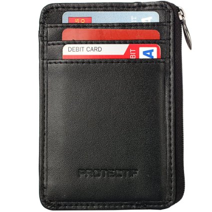 Rfid Blocking Sleeves Front Pocket Wallet for Men Secure Sleeve Mini Card Holder with Zipper and Id Window Genuine Leather Durable Slim Wallets