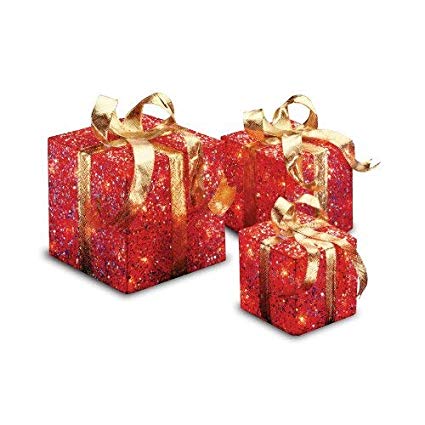 National Tree Set of 3 Assorted Red Sisal Gift Boxes with Clear Lights (MZGB-ASST-2L-1)