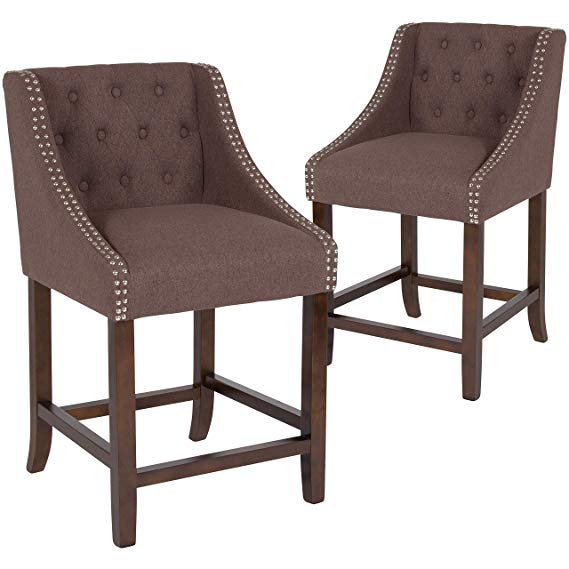 Taylor   Logan 2 Pk. 24" High Transitional Tufted Walnut Counter Height Stool with Accent Nail Trim in Brown Fabric