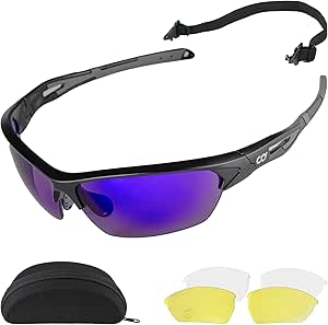 CyclingDeal Professional Wrap-Around Bike Cycling Sunglasses with 3 Pairs of Interchangeable Lenses - 100% UV400 Protection - Super Light & Durable, Anti-Scratch Design - with Anti-Slip Elastic Strap