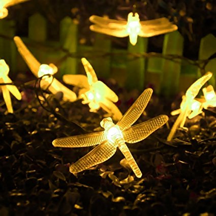 Solar Outdoor String Lights, KINGCOO 20ft 30 LED Dragonfly Solar Fairy Lighting for Christmas Trees, Garden, Patio, Wedding, Party and Holiday Decorations (Warm White)