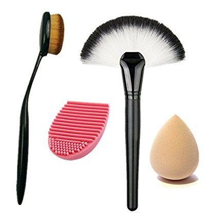 Start Makers ® Professional Large Fan Makeup Brush - Oval Makeup Brush Toothbrush Curve Contour Brushes- Cosmetics Brushes Silicone Cleaner Glove- Makeup Sponge