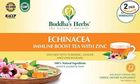 Buddha's Herbs Premium Organic Echinacea, Turmeric, Ginger & Lemongrass Tea with Zinc (2 Pack) -44 Tea Bags