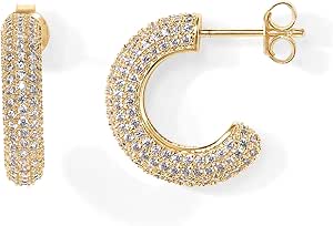 PAVOI 14K Gold Plated 925 Sterling Silver Post Cubic Zirconia Chunky Hoop Earrings | Thick Lightweight Gold Hoop Earrings for Women | Fully Studded Hoop Earring