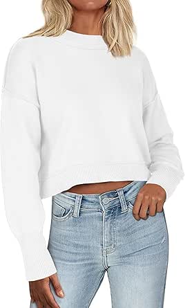 Zeagoo Womens 2024 Fall Crewneck Cropped Sweater Cozy Long Sleeve Ribbed Knit Pullover Dropped Shoulders Trendy Jumper Tops