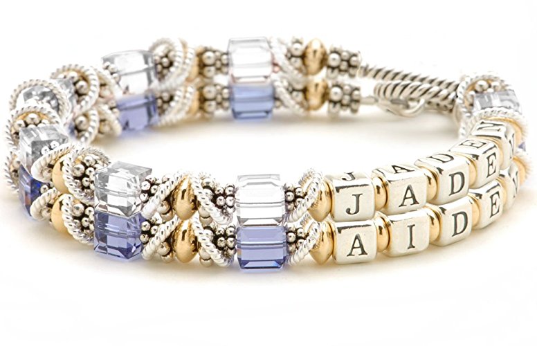 Double Strand Personalized Mothers Bracelet - Childs Names & Birth Months, Sterling Silver Beads
