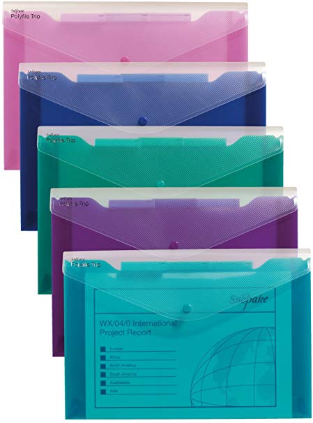 Snopake 14967 Polyfile Trio Foolscap 3 Pocket Popper Wallet File with Press Stud and Tabs - Electra Assorted Colours (Pack of 5)