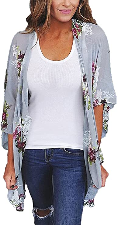 Women's Floral Print Puff Sleeve Kimono Cardigan Loose Cover Up Casual Blouse Tops