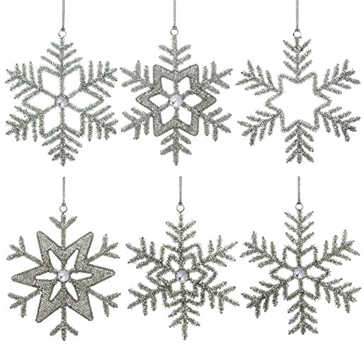 Set of 6 Handmade Snowflake Iron and Glass Pendant Christmas Ornaments, 6 Inches - Ideal decorations for 25th Anniversary