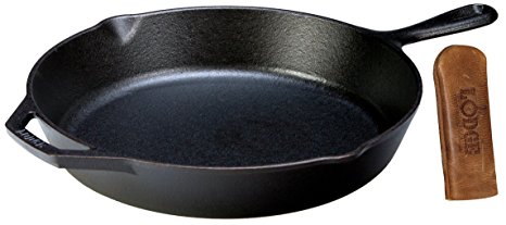 Lodge Seasoned Cast Iron Skillet w/ Hot Handle Holder- 12” Cast Iron Frying Pan with Genuine Leather Hot Handle Holder