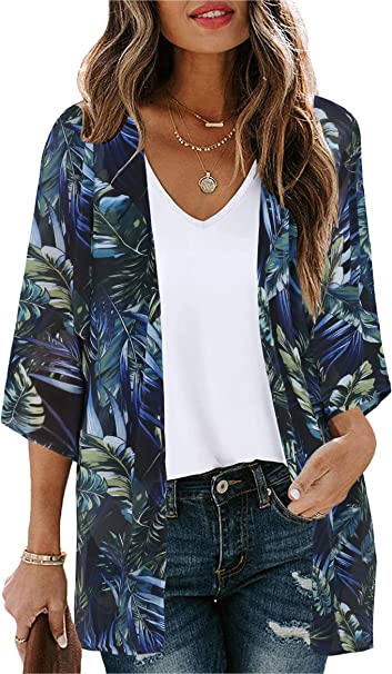 Women's Floral Print Puff Sleeve Kimono Cardigan Loose Cover Up Casual Blouse Tops