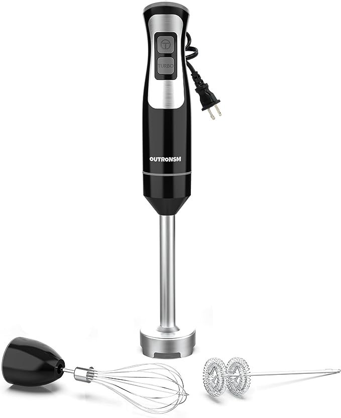 Immersion Blender Handheld, OUTRONSM Hand Blender with 4-point thickened SS blades, Milk Frother, Egg Whisk for Coffee Milk Foam, Puree Baby Food, Smoothies, Sauces and Soups – Black