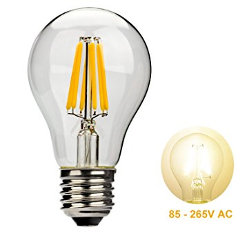 Leadleds 6W A19 LED Filament Light Bulb Edison Style E27 Medium Base Replace 60 Watt Incandescent Bulb, 2700k Warm White Light, Non-Dimmable