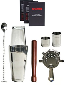 WIN-WARE Boston Cocktail Shaker Gift Set – Includes Hawthorn Strainer, Muddler, Bar Spoon with masher, 25ml and 50ml Jiggers and a WIN-WARE pocket size cocktail making guide. All enclosed in a WIN-WARE gift box