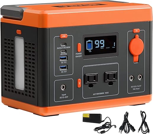 VEVOR Portable Power Station, 296Wh, Backup Lithium-ion Battery Solar Powered Generator, 300W(Peak Power 600W) Pure Sine Wave AC Outlet, USB QC3.0 LED Light, for Outdoors Camping Travel Home Emergency