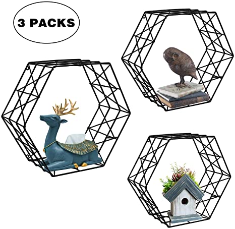 ERYTLLY Metal Floating Shelves Kitchen Hexagon Wall Mounted Shelves Storage Display Shelves, Set of 3 (Black Hexagon)