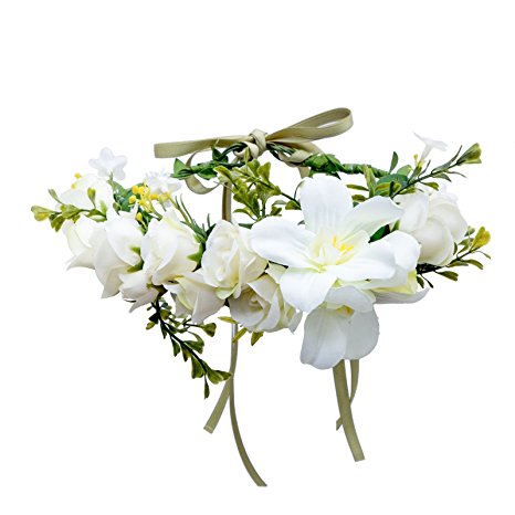 AWAYTR Bohemia Big Lilies Floral Crown Party Wedding Hair Wreaths Hair Bands Flower Headband (beige)