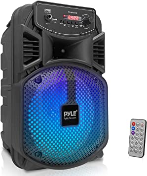 Portable Bluetooth PA Speaker System - 300W Rechargeable Outdoor Bluetooth Speaker Portable PA System w/ 8” Subwoofer 1” Tweeter, Microphone in, Party Lights, MP3/USB, Radio, Remote - Pyle PPHP834B