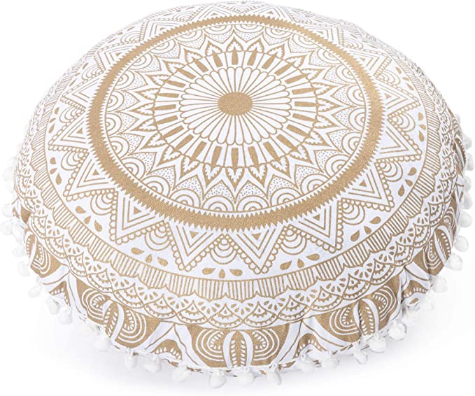Round Mandala Hippie Floor Pillow Cover - White Hippie Cushion Cover - Ombre Pouf Shams - Meditation Seating Ottoman Throw Cover Decorative Bohemian Pom Pom Floor Pillow Case- 18" Gold