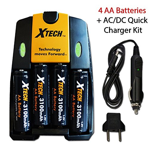 Xtech High Speed AC/DC Charger plus 4 AA NiMH 3100mAh High Capacity Rechargeable Batteries for Canon Powershot SX160 IS, SX150 IS, SX130 IS, SX120 IS, SX110 IS, SX100 IS, SX20 IS, SX10 IS, SX5 IS, SX3 IS, SX2 IS, SX1 IS, A720 IS, A710 IS, A2100 IS, A2000 IS, A1400 , A1300 , A1200 , A1100 IS , A1000 IS, A810, A800, SX3 IS, A700, A650, A640, A630, A620, A610, A570 IS, A560, A550, A540, A530, A520, A510, A495, A490, A480, A470, A460, A430, A420, A410, A400, A300, A200, A100, A95, A85, A80, A75, A70, A60, A40, A20, A10 Digital Cameras