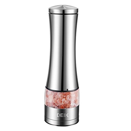 DEIK Pepper Grinder, Electric Salt Grinder with LED Light and Big Visible Container, Pepper Mill Battery Power with Adjustable Ceramic, Stainless Electric Salt and Pepper Grinder